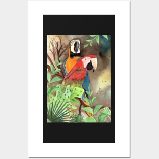 Parrot Couple with tropical leaves Posters and Art